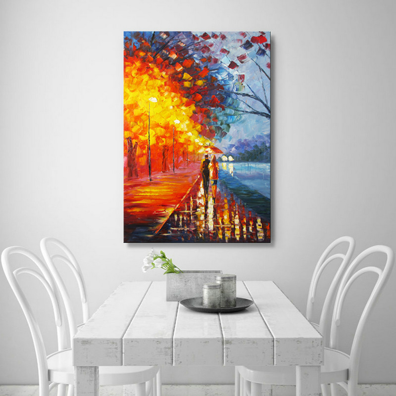 Romantic Painting "lovers walk on the side of the lake" Palette Knife painting - Click Image to Close